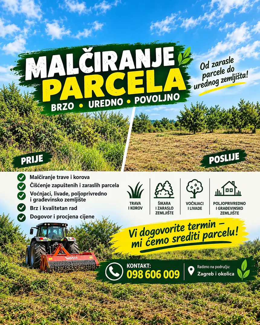Facebook i Instagram oglas za malčiranje parcela s prikazom prije i poslije – Gomes usluge